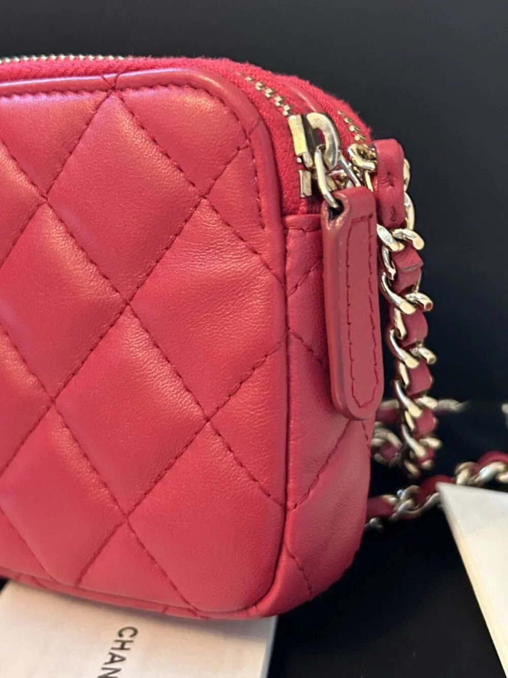 CHANEL Double Zip Bag in Pink Lambskin & Gold Hardware w box, dust bag, card
